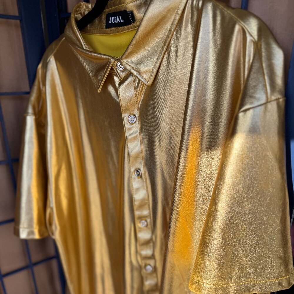 JOGAL Gold Metallic Button Up Shirt XXXL Disco Party Festival Statement